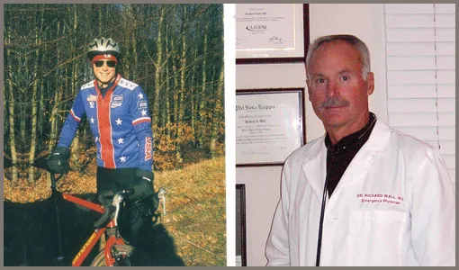 Richard Wall in his USA cycling kit beside a portrait of him in his emergency physician’s white coat